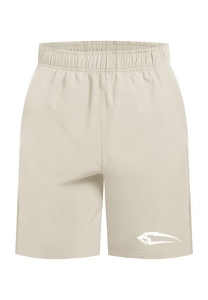 Beige Shorts mit einem elastischen Bund, aus leichtem Material gefertigt. Mit seitlichen Taschen und einem weißen Logo auf der unteren Vorderseite.