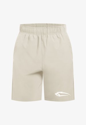 Beige Shorts mit einem elastischen Bund, aus leichtem Material gefertigt. Mit seitlichen Taschen und einem weißen Logo auf der unteren Vorderseite.