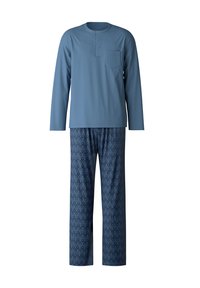 Haut bleu à manches longues avec un col rond et une patte de boutonnage à trois boutons, associé à un pantalon de pyjama bleu à motifs avec un design géométrique.