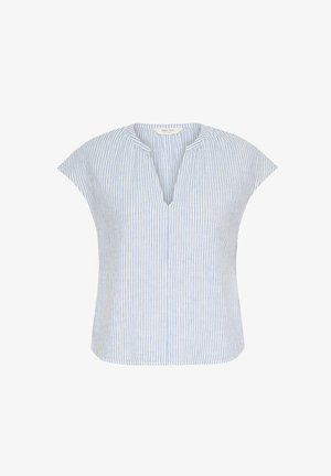 Top a maniche corte a righe, con scollo a V e vestibilità morbida. I colori disponibili sono azzurro chiaro e bianco, con una texture di tessuto morbida.