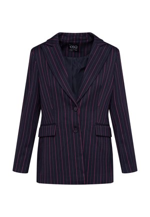 Giacca navy con sottili righe rosa, due tasche frontali, revers a punta e chiusura con un solo bottone. Tessuto liscio con vestibilità sartoriale.