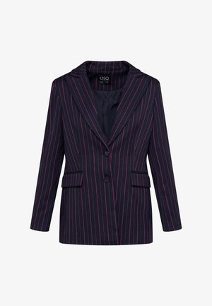 Blazer marine avec de fines rayures roses, deux poches avant, revers crantés et fermeture à un bouton. Tissu lisse avec une coupe ajustée.