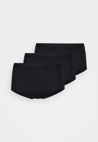 Black cotton boxer briefs, three-pack, featuring a soft, elastic waistband with subtle logo detail. Smooth texture and fitted shape.