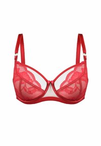 Czerwony koronkowy stanik z poduszkami, przezroczystymi panelami z siateczki oraz regulowanymi ramiączkami. Posiada falbaniastą koronkową zdobienie i akcent w postaci kokardki z przodu.