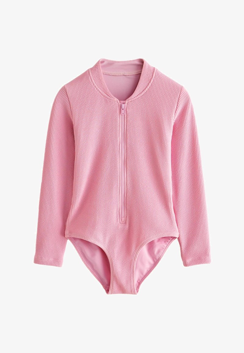 Roosa pika varrukaga ujumistrikoo tekstuuriga kangast, ees Z-luku sulgemisega ja ühetooniline. Omab kõrget kaelust ja jalaauke.