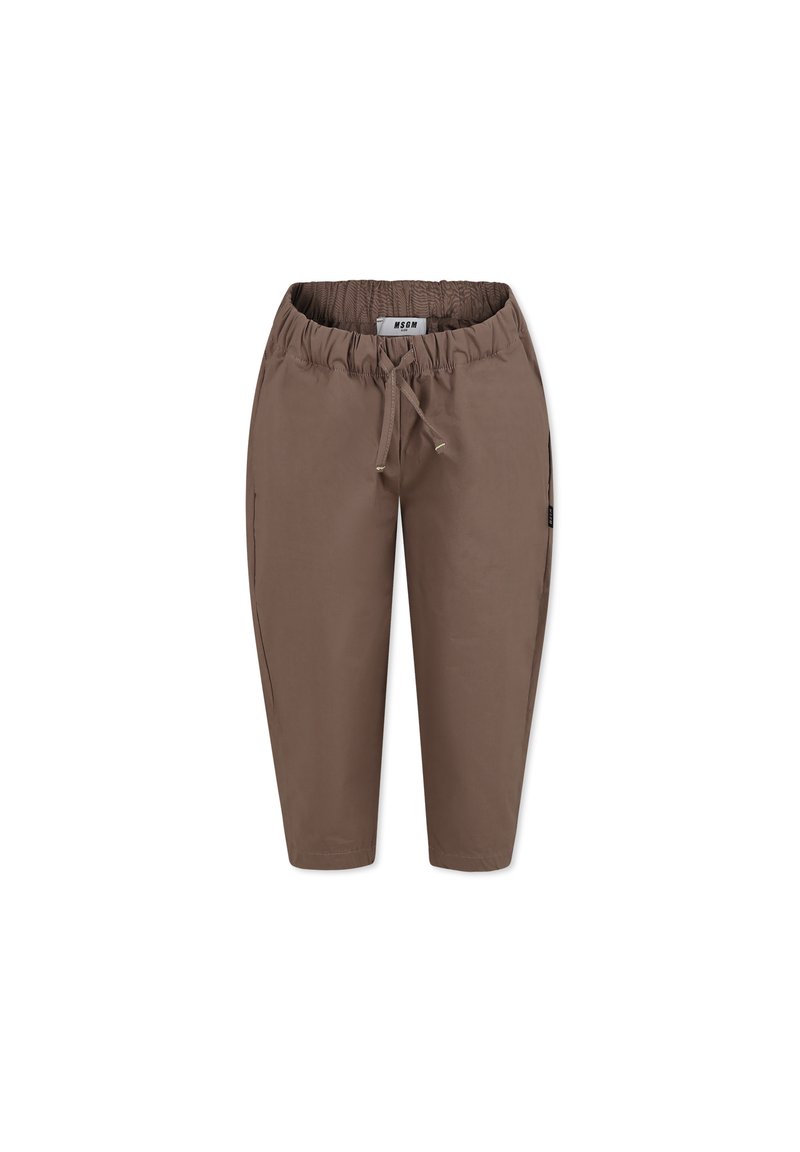 Pantaloni cropped marroni con vita elasticizzata, dettaglio con coulisse, tasche laterali e una texture di tessuto leggera e liscia.