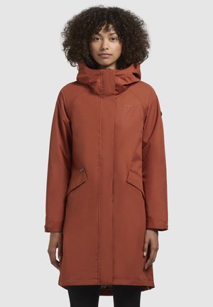 Water-resistant rust-colored coat with a hood, featuring front pockets and clean lines. Made from synthetic material with a smooth finish.