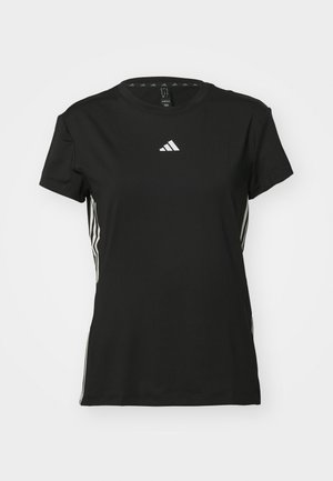 Black athletic t-shirt with short sleeves, made of synthetic material. Features a small white logo on the chest and white stripes on the sides.