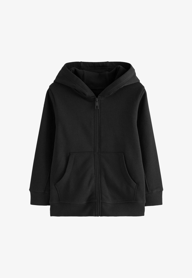 Schwarze Zip-Hoodie aus weichem Stoff, mit großer Kapuze, zwei vorderen Taschen sowie gerippten Bündchen und Saum.