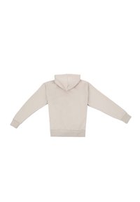 Beige hooded sweatshirt with long sleeves, ribbed cuffs, and hem. Smooth texture and simple, unadorned design.