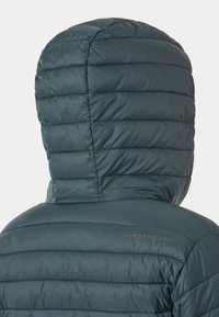 Groene pufferjas met een capuchon en een gestikt ontwerp. Glad materiaal met horizontale stiksels en logo-detail op de achterkant.