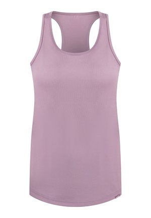 Lavendel top med rund halsudskæring, racerback-design og en glat, strækbar stof. Har en lige kant og minimal detaljer.