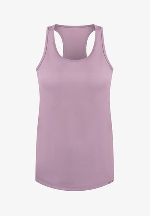 Lila tanktop met een ronde halslijn, racerback ontwerp en een gladde, rekbare stof. Heeft een rechte zoom en minimale details.