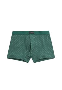 Boxer shorts verdes para hombre con pequeños puntos blancos, cinturilla elástica y etiqueta de la marca en el centro.