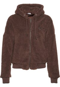 Brun fleece zip-up hette med en teksturert overflate, elastiske mansjetter og kant. Har en hette med snor og brodert logo-detalj.