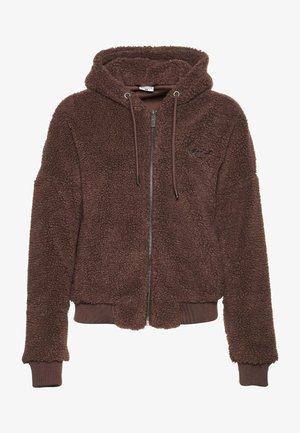Brun fleece zip-up hoodie med en texturerad yta, elastiska ärmslut och nederkant. Har en huva med dragsko och broderad logotypdetalj.