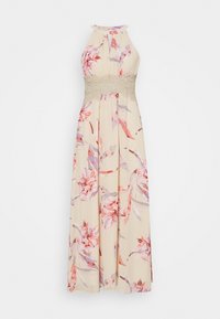 Floral maxi dress in cream with pink and lavender patterns. Halter neckline and textured beige waistband, flowing fabric, and A-line shape.