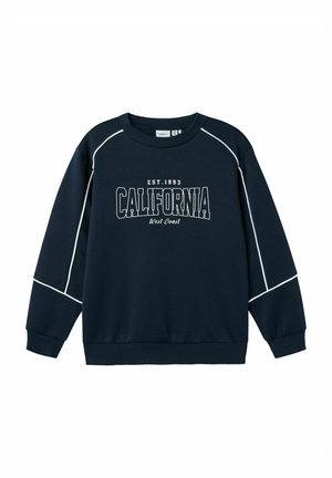 Marineblaues Sweatshirt mit weißer Paspelierung, rundem Ausschnitt und gerippten Bündchen. Mit der Aufschrift "CALIFORNIA" und "EST. 1993" in fetter Typografie.