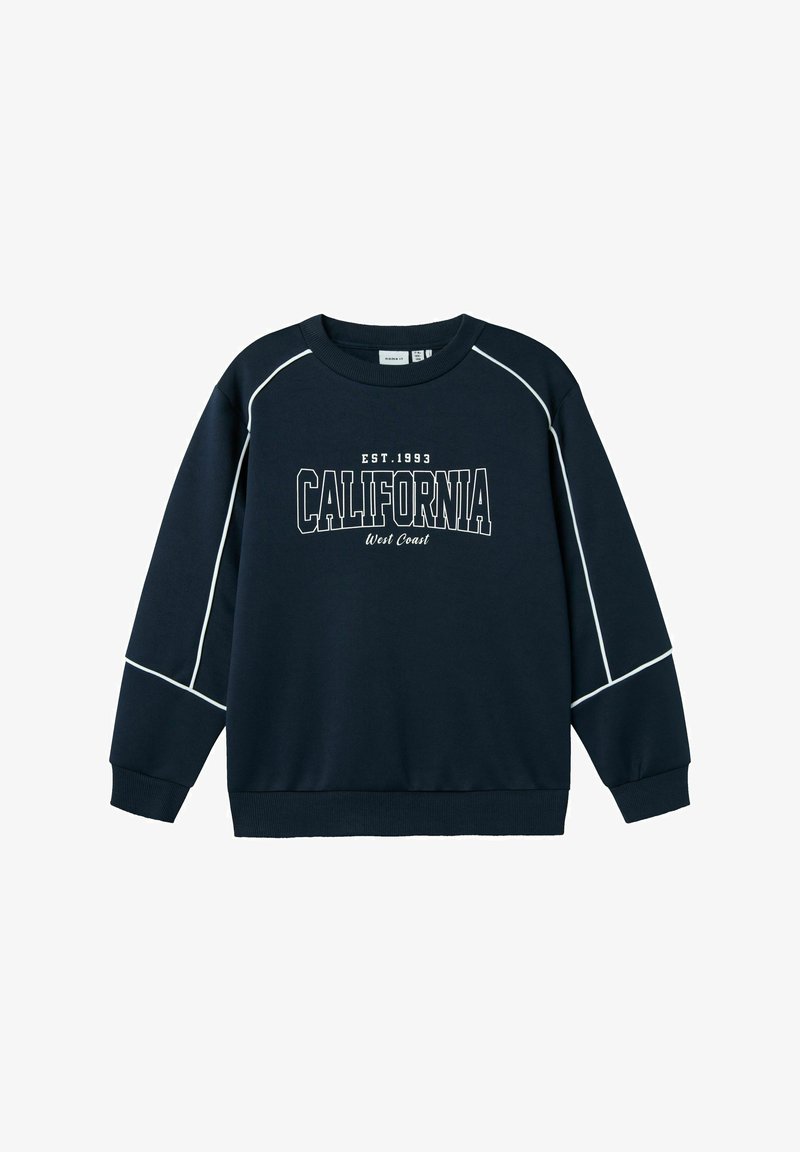 Navy sweatshirt with white piping, round neckline, and ribbed cuffs. Features "CALIFORNIA" and "EST. 1993" in bold typography.
