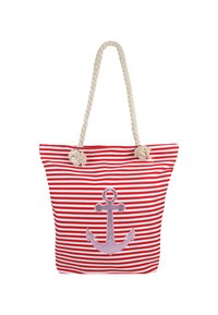 Bolso de playa a rayas en colores rojo y blanco, con un diseño central de ancla en un color claro y asas de cuerda para llevar.