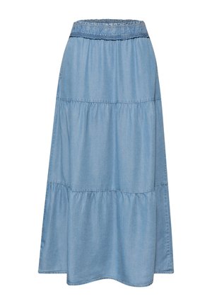 Jupe maxi bleu clair à étages avec ceinture élastique, en tissu denim doux.
