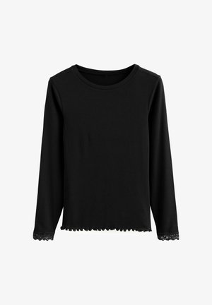 Schwarzes langärmliges Oberteil aus geripptem Stoff, mit gewellten Kanten und Spitzenakzenten an den Ärmeln, mit einem runden Ausschnitt.
