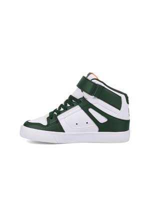 Witte en groene high-top sneakers van synthetisch materiaal, met een gevoerd enkeltje, veters en een klittenbandsluiting voor een veilige pasvorm.