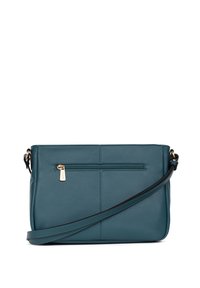 Borsa a tracolla in pelle teal con una texture liscia, dotata di una tasca frontale con zip e una tracolla regolabile. Design minimalista con linee pulite.