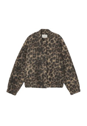 Veste imprimé léopard en tissu doux et texturé. Elle présente un col rond, des manches longues et des poches latérales. La palette de couleurs inclut le beige et le marron foncé.