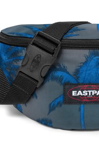 Marsupio grigio con motivo di foglie di palma blu, zip nera e fibbia, materiale in nylon, tracolla regolabile e patch del logo Eastpak.