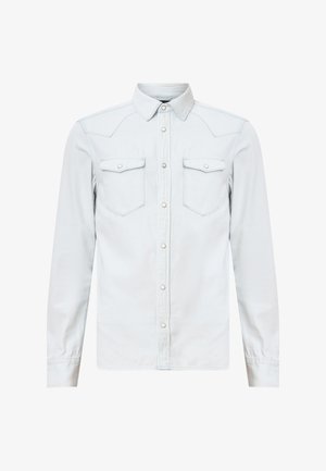 Svijetloplavi traper košulja sa dugim rukavima, dugmadi sprijeda, dva džepa na prsima i detaljima u zapadnjačkom stilu na leđima. Glatka tekstura.