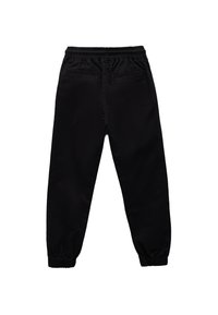 Pantaloni jogger neri realizzati in morbido tessuto, dotati di una vita elastica, polsini elastici e due tasche posteriori. Design semplice senza motivi visibili.