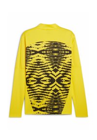 Camicia a maniche lunghe di un brillante giallo, con un grande motivo astratto nero sulla schiena e un design in tessuto texturizzato.
