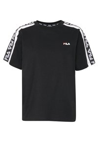 Svart bomullst-shirt med rund hals, korta ärmar. Har vita sidostraper och "Fila"-logotyp på framsidan och ärmarna.