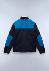 Sinine ja tume meriinojope kõrge kraega, pehme tekstuuriga ja kontrastsete õlavarre paneelidega. Sobil on logopatch käisel.