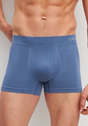 Männlicher Torso trägt blaue enganliegende Boxershorts mit sichtbaren Nähten und kleinem Logo am Bund auf der rechten Seite.