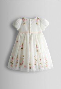 Weißes Kleid mit kurzen Puffärmeln, einer geknöpften Vorderseite und floraler Stickerei in Rosa und Grün mit Verzierungen auf transparentem Stoff.