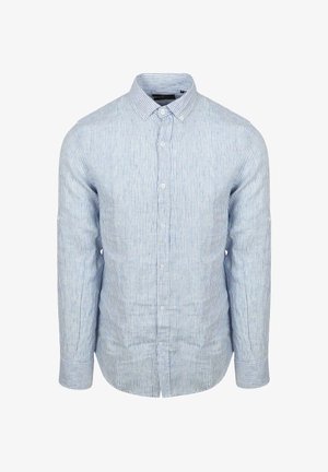 Lichtblauw en wit gestreept overhemd met lange mouwen, een kraag met knopen en een voorflap. Gemaakt van gestructureerde stof.