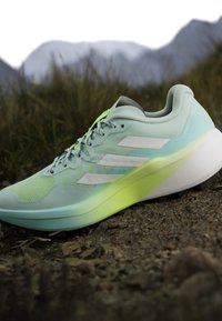 Chaussure de course bleu clair et verte avec des bandes blanches sur un chemin de terre, avec une zone herbeuse et des montagnes floues en arrière-plan.
