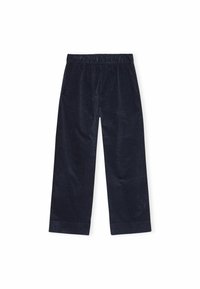 Pantaloni in velluto a coste blu navy con vita elastica, gambe larghe e polsini affusolati. Il tessuto ha una finitura testurizzata. Nessuna tasca visibile.