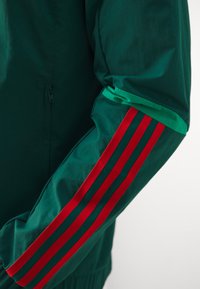Chaqueta verde con cremallera, que presenta un diseño de mangas largas con acentos de rayas rojas. La tela es suave con un brillo sutil.