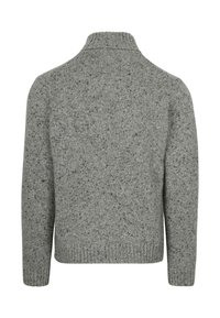 Gray knitted sweater with a high collar, featuring a speckled texture. Long sleeves and ribbed hem at cuffs and bottom. Back view displayed.