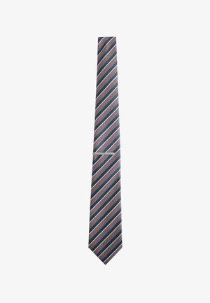 Slim striped tie in muted purple, navy, and white with a silver tie clip, displayed vertically on a white background.