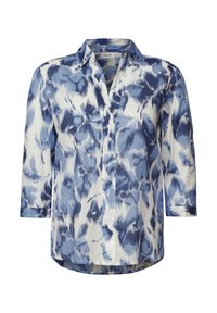 Camisa de botones azul y blanca con un patrón, de manga ¾, que cuenta con un collar y una sutil textura en la tela. Diseño de dobladillo redondeado.