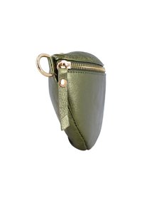 Petite pochette en cuir vert métallisé avec fermeture éclair dorée et anneau d'attache, vue de côté sur fond blanc.