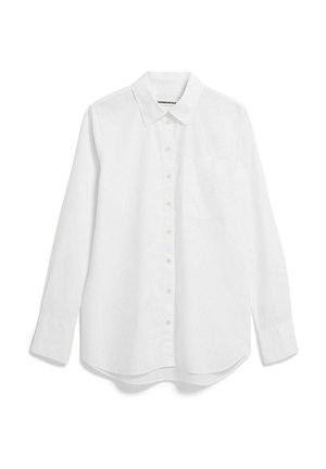 Weißes langärmliges Hemd aus Baumwolle. Verfügt über einen klassischen Kragen, eine Knopfleiste, eine einzelne Brusttasche und einen abgerundeten Saum.