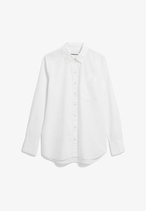 White long-sleeve shirt made of cotton. Features a classic collar, button closure, single chest pocket, and a curved hem.