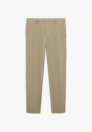 Béžové nohavice s hladkou textúrou, rovnými nohavicami, pútkom na opasok a bočnými vreckami. Neobsahujú viditeľné značkovanie ani vzory.