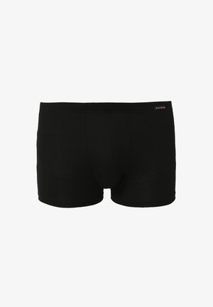 Zwarte katoenen boxershorts met een gladde textuur, een aangesloten pasvorm en een logo op de tailleband. Eenvoudig, klassiek ontwerp zonder aanvullende patronen.