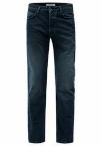 Jeans rectos de color azul oscuro con bolsillos frontales, pasadores para cinturón y cierre de botón, etiquetados como "Salsa Jeans" en la parte interna de la cintura.